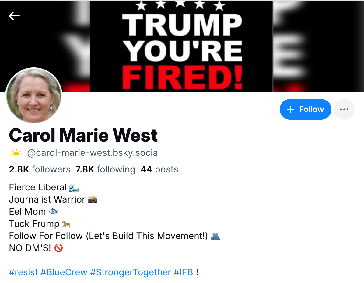 Screenshot of carol-marie-west.bsky.social's profile, with the biography "Fierce Liberal 🌊 Journalist Warrior 📸 Eel Mom 🐟 Tuck Frump 🐆 Follow For Follow (Let's Build This Movement!) 🫂 NO DM'S! 🚫  #resist #BlueCrew #StrongerTogether #IFB !"