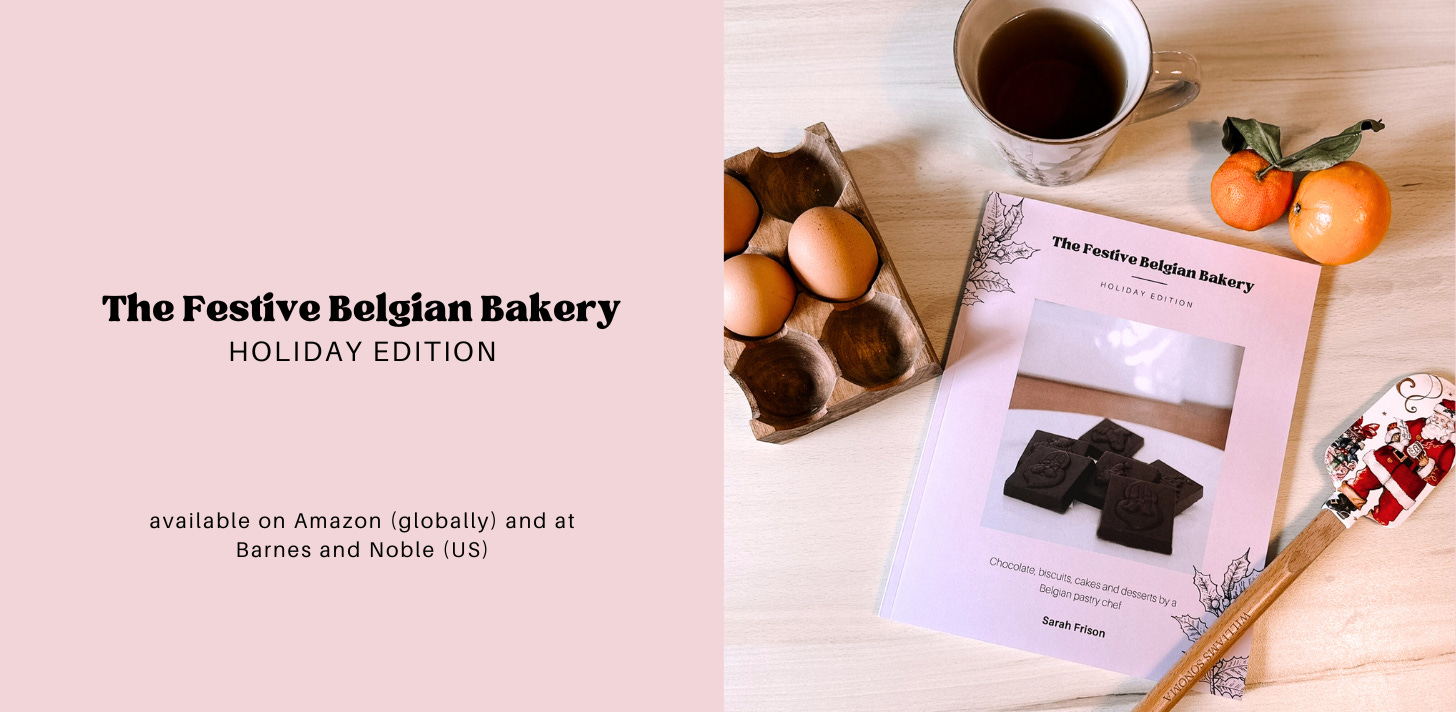 image promoting the book, title + subtitle and text 'available on amazon globally and at Barnes and Noble US' on the left and photo of the book on the right, staged with baking bits and pieces on wooden background.