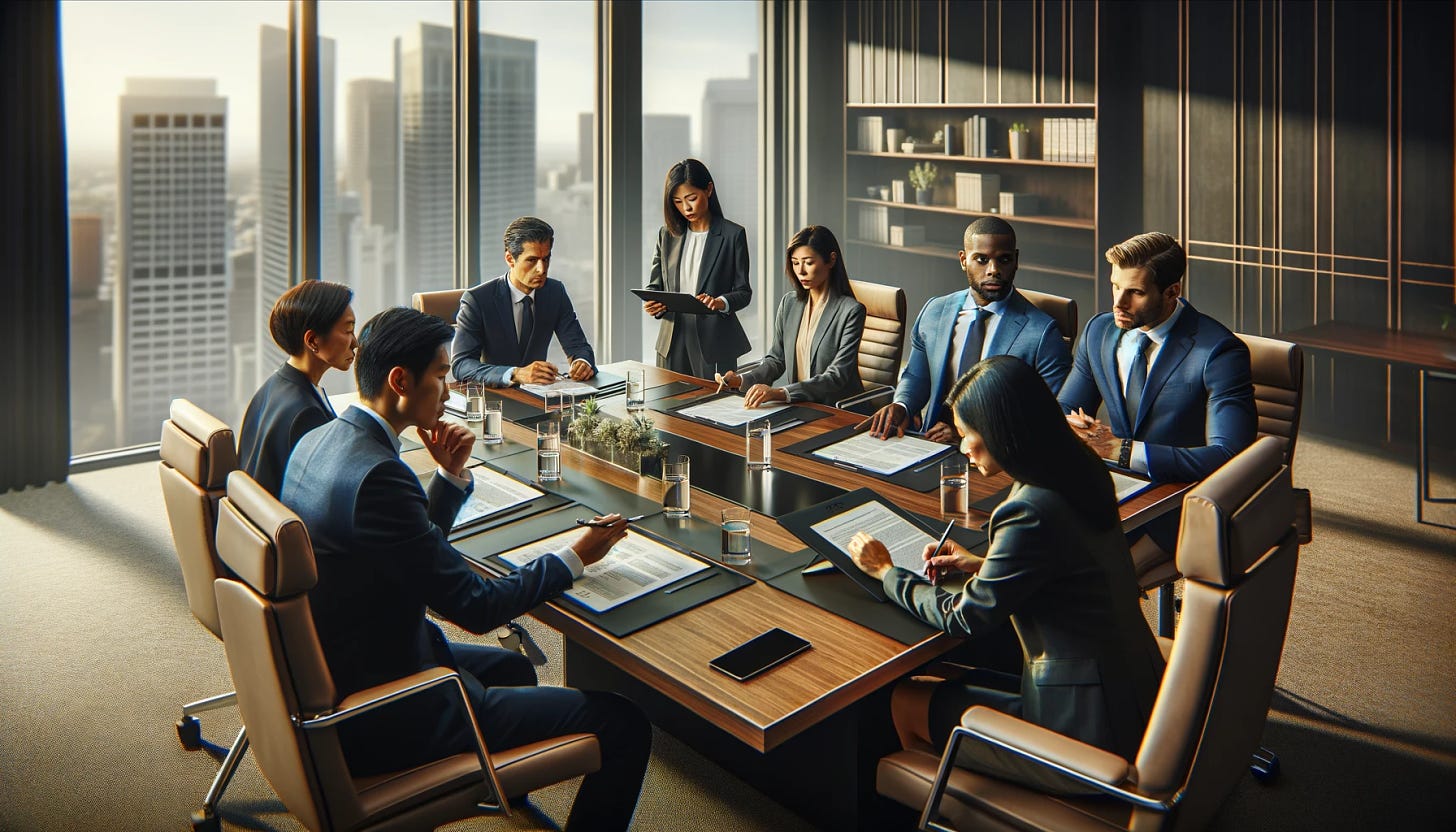 a diverse board of directors in a modern boardroom, engaged in a serious discussion.