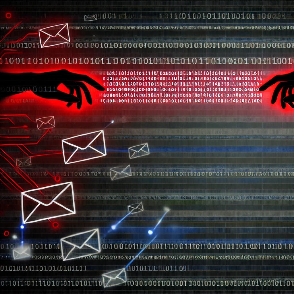 A conceptual illustration of a data stream intercepted mid-flow, featuring glowing binary code and text messages being extracted by shadowy digital hands. The aesthetic is sleek, high-tech, and ominous, with hints of red to symbolize danger.