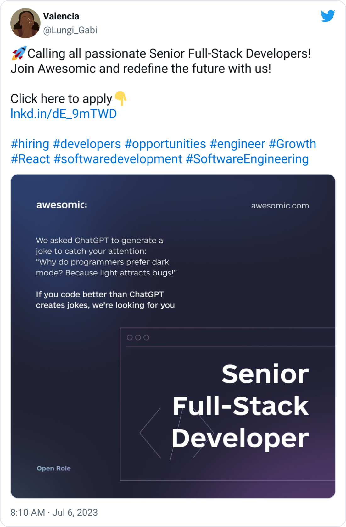 Valencia @Lungi_Gabi 🚀Calling all passionate Senior Full-Stack Developers! Join Awesomic and redefine the future with us!  Click here to apply👇 https://lnkd.in/dE_9mTWD  #hiring #developers #opportunities #engineer #Growth #React #softwaredevelopment #SoftwareEngineering
