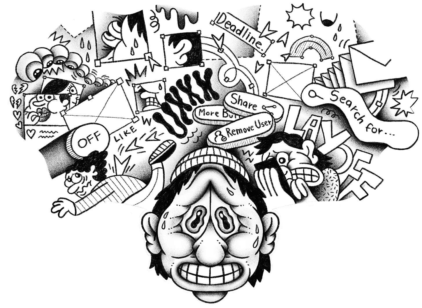 A human head surrounded by scary thoughts represented by cartoon characters, design patterns, and keywords such as “deadline" and “layoffs”. The person looks worried.