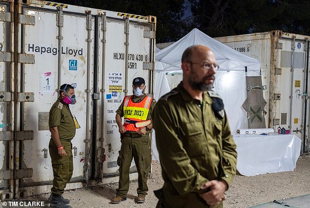 Colonel Rabbi Haim Weisberg (pictured, front) said: ‘We have identified the bodies of 800 people already and we are working on a further 500'