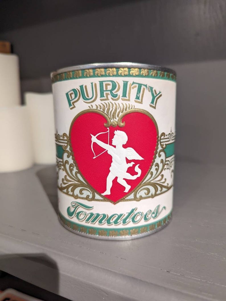 1920's Valentines Cupid Purity Tomatoes can label on can Original Vintage, McCoy Canning, Urbana, Ohio image 1