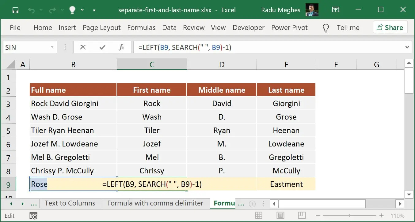 How to split first name in Excel