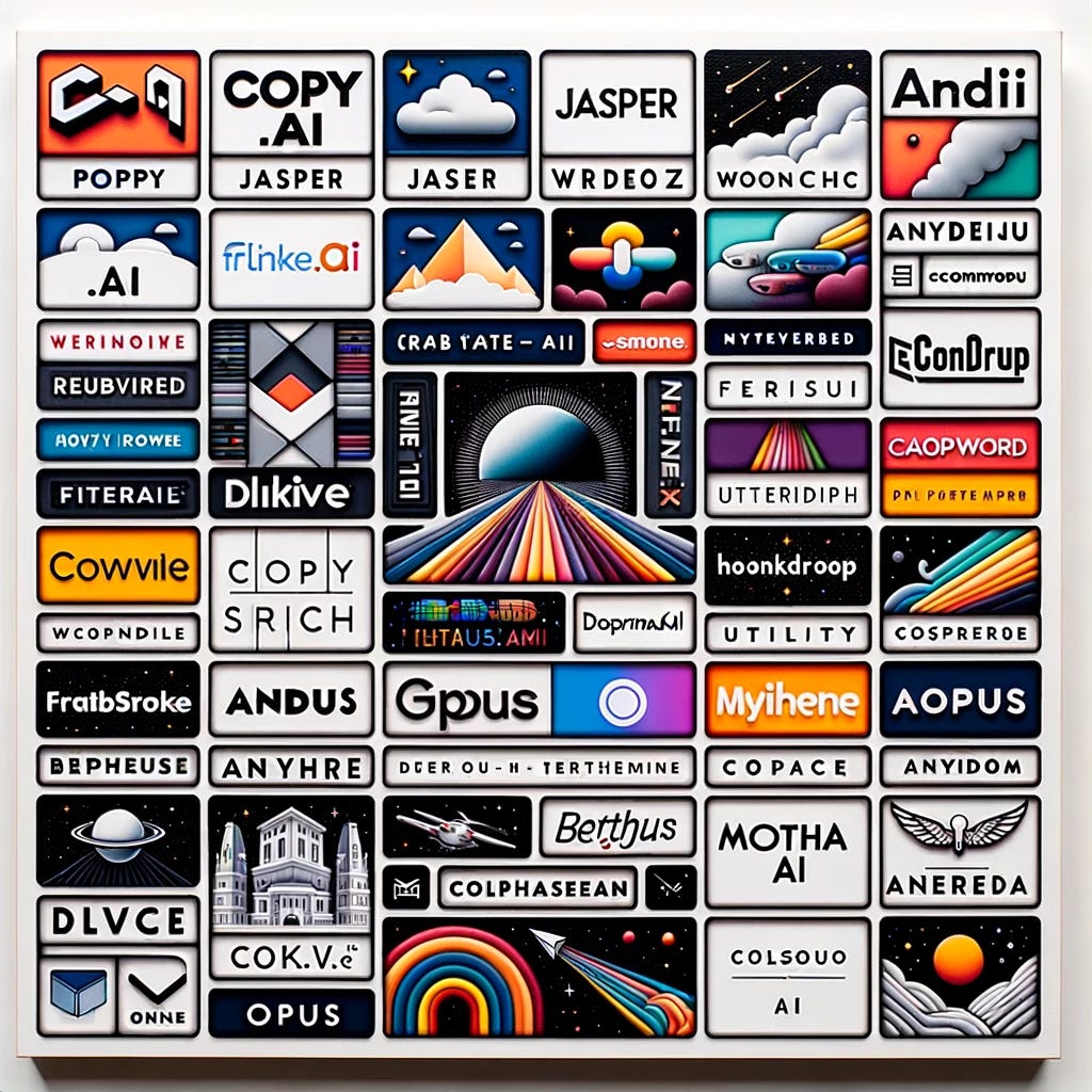 Photo of a clear startup landscape divided into three sections: Text, Video, and Image. The Text section displays neatly arranged logos of copy.ai, Jasper, Writesonic, Ponzu, frase, Andi, Quickchat, copysmith, Utility, Moonbem, Berthaai, Cohere, letterdrop, anyword, Hypotenuse AI, Clickable, Omneky, and CONTENDA. The Video section showcases logos of runway, Fliki, Dubverse, Opus, tavus, synthetia, Hour.One, Rephrase.ai, Colossyan, and Morio. The bottommost section labeled 'Image' has logos of Deep Dream by Google and OpenArt.