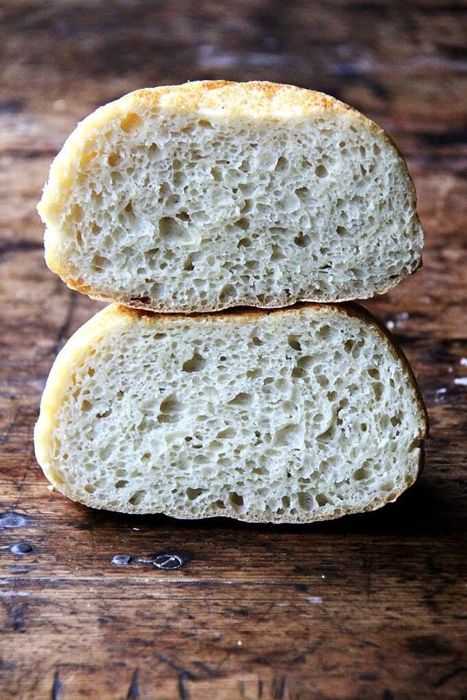 A halved loaf of my mother's peasant bread.