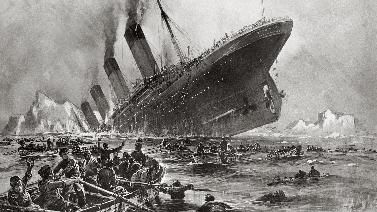 Black and white painting of Titanic sinking surrounded by lifeboats and icebergs