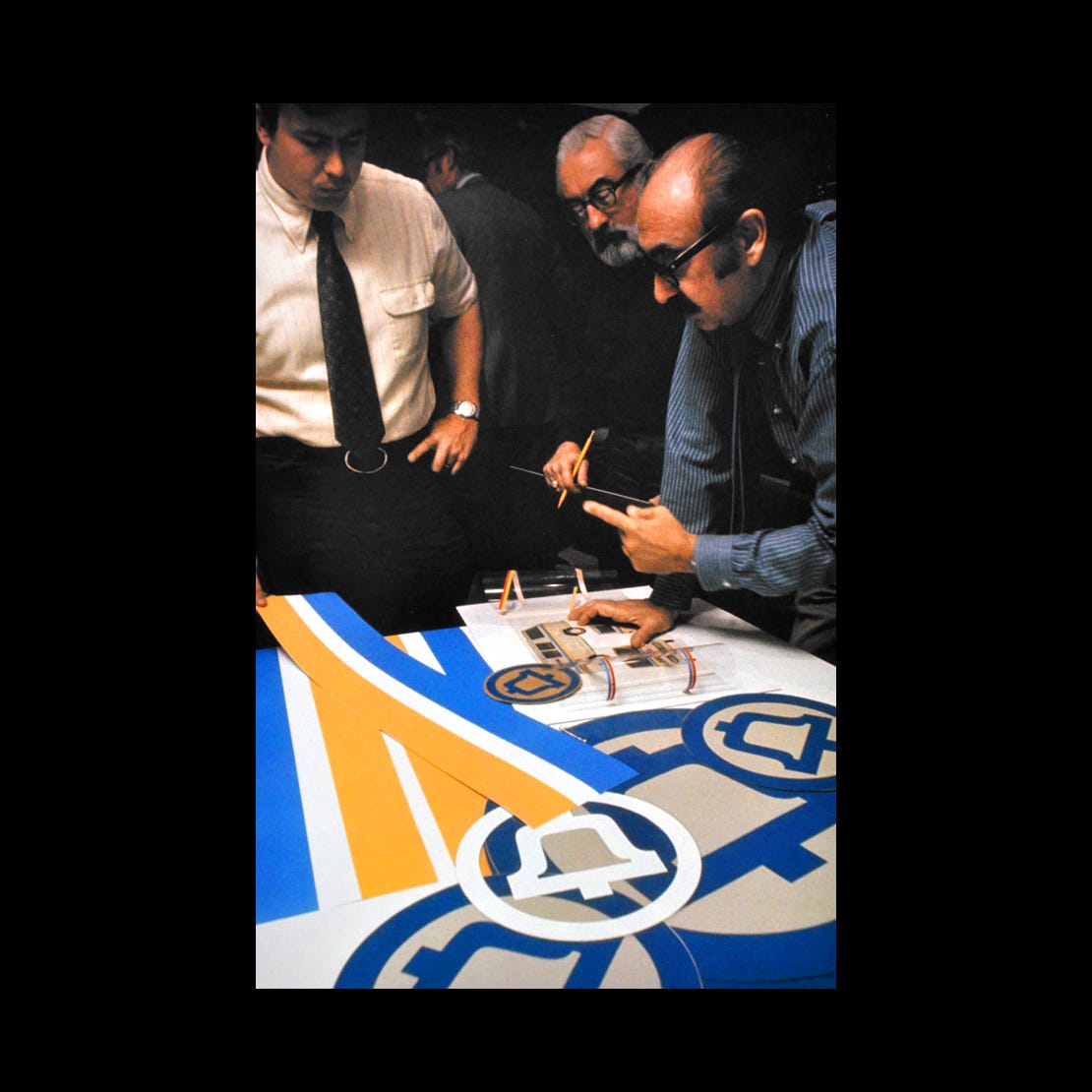 Saul Bass & Associates working on the logo and corporate identity for AT&T