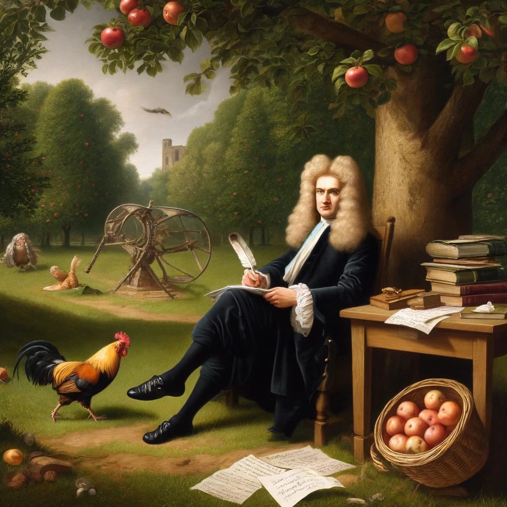 A late 17th-century scene showing Isaac Newton as a distinguished scholar, seated in a lush English garden surrounded by apple trees, books, and papers. In the foreground, a chicken is depicted in two states: one resting calmly under a tree and another energetically crossing a small path. Newton, with a quill in hand, scribbles notes, inspired by the chicken's motion. An apple hangs above him, hinting at his discovery of gravity, as he contemplates the principles of motion and rest. The environment is serene, blending humor with historical insight.
