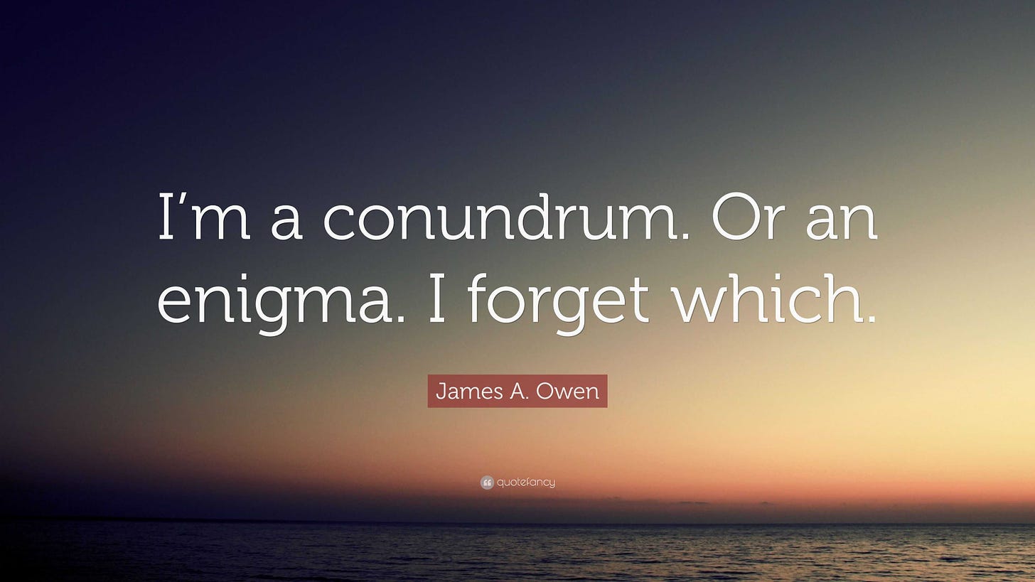 James A. Owen Quote: “I'm a conundrum. Or an enigma. I forget which.”