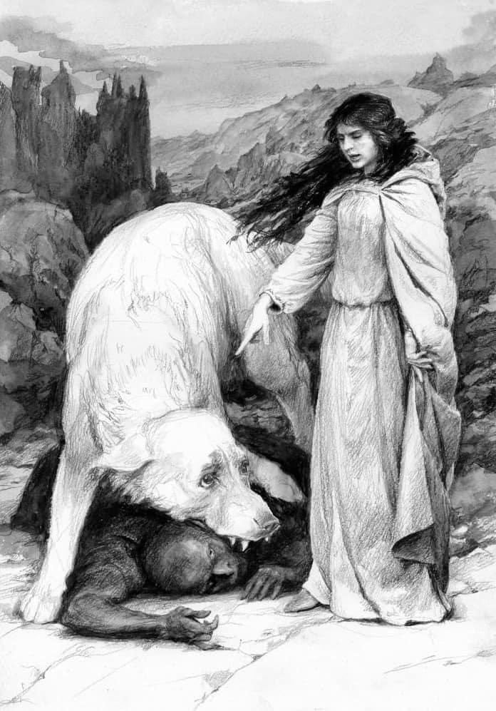 A black and white drawing showing Luthien pointing to Sauron who is laying prone beneath Huan, caught in his jaws.