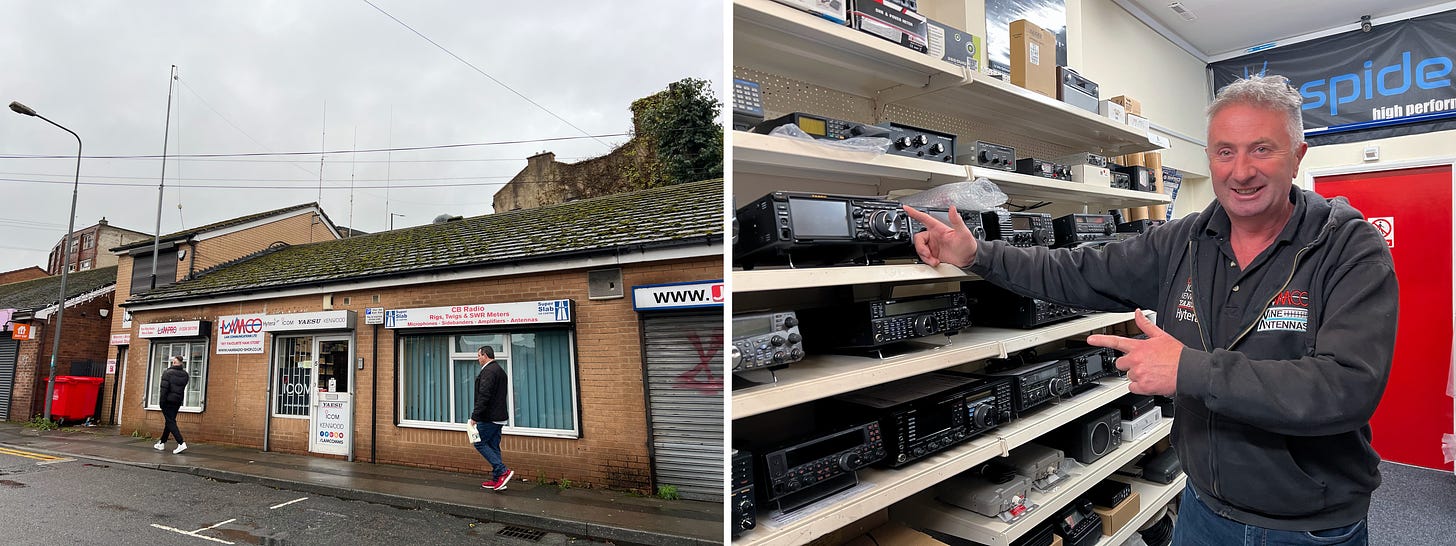 An exterior and interior shot of the Lamco store. The interior has Lee pointing to a radio. Next door our of shot is one of those dodgy massage parlours.