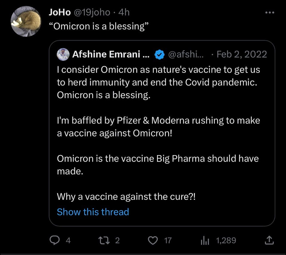 Dr. Afshine Emrani tweets that "Omicron is a blessing." 