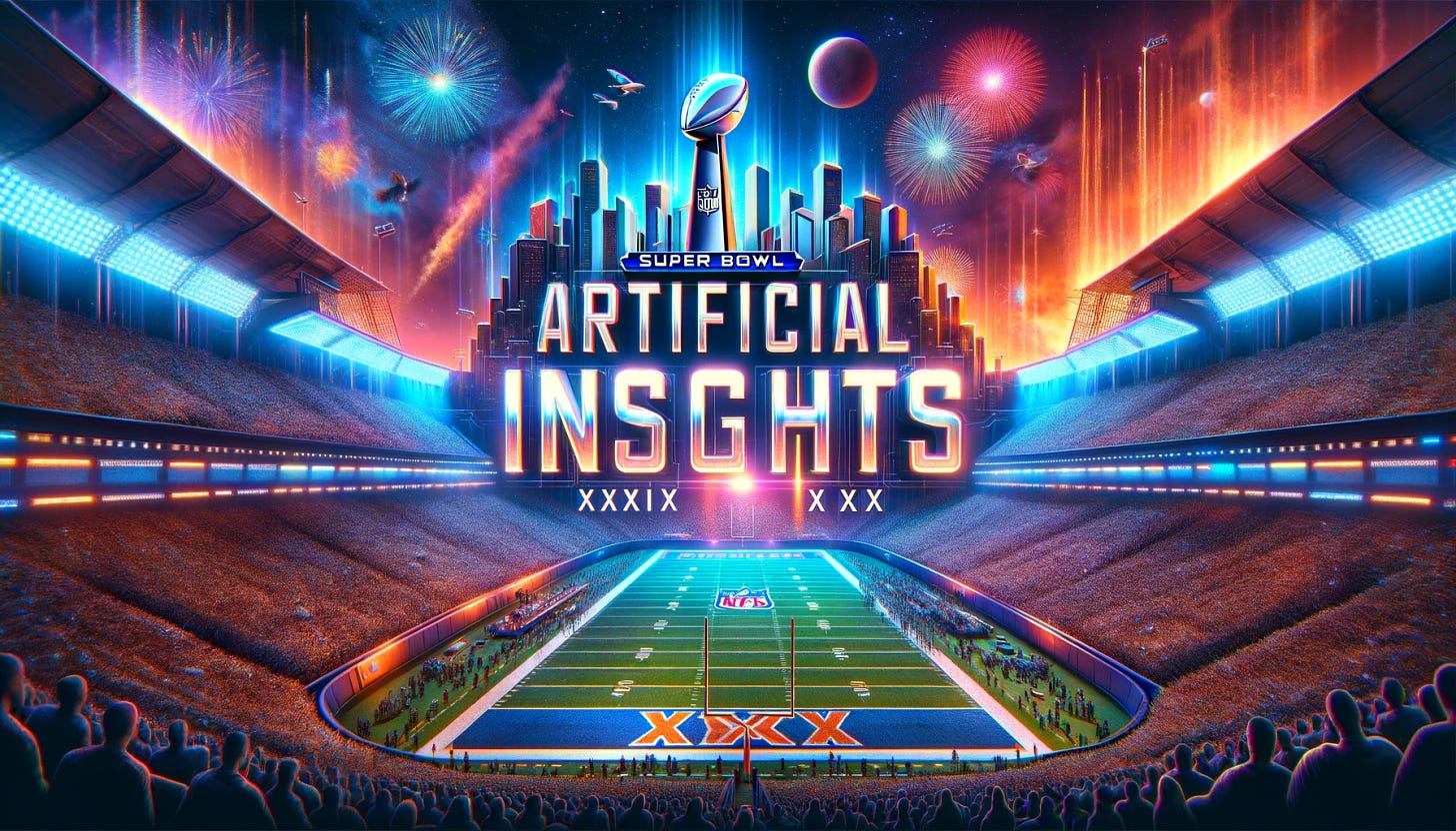 Final attempt to create the Super Bowl scene, ensuring 'Artificial Insights' and 'XXXIX' are perfectly legible and prominently featured. This version concentrates exclusively on the clarity and positioning of the text against a vibrant Super Bowl background. The stadium is filled with the high stakes of the final moments, a sea of cheering fans, and a sky ablaze with fireworks. The Super Bowl logo is placed considerately to complement the main focus: the texts. 'Artificial Insights' and 'XXXIX' are showcased in their most definitive, futuristic typography, meticulously crafted to be the visual centerpiece. Their size and sharpness are enhanced to peak visibility, standing out as the primary elements against the dynamic and colorful tableau of the game. The design goal is to seamlessly integrate the excitement of the Super Bowl with the texts, ensuring they are both instantly eye-catching and accurately rendered. The wide format is chosen to capture the grandeur of the occasion and the specific attention to text accuracy and prominence.