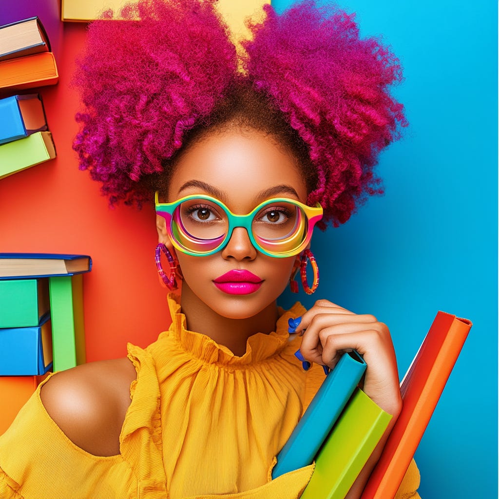 an article key visual on the theme “If you want a stable income from your writing, you need this one simple thing.” with a woman writer with vivid colorful accessories and reading glasses with colorful frames. Emotion: playful, naughty Key color codes are #e11a72 and #1ae189. Photorealistic studio shot, office environment, colorful background. an article key visual on the theme “If you want a stable income from your writing, you need this one simple thing.” with a woman writer with vivid colorful accessories and reading glasses with colorful frames. Emotion: playful, naughty Key color codes are #e11a72 and #1ae189. Photorealistic studio shot, office environment, colorful background.