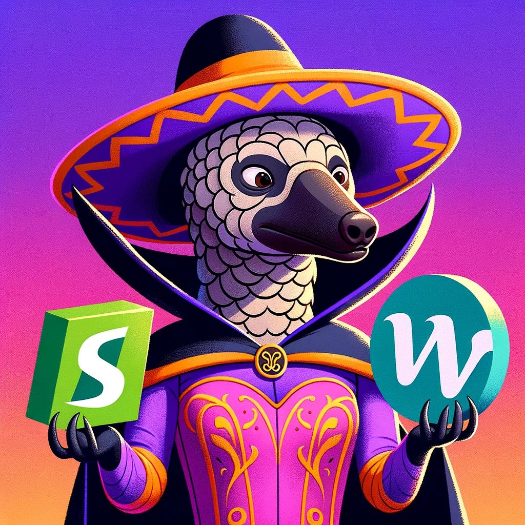 Illustration of a pangolin dressed in a colorful Catrina costume, Pixar style, holding two logos. In its right hand, it has the Shopify logo, and in its left, the WooCommerce logo. The pangolin is looking at the logos with a puzzled expression, set against a vibrant background.