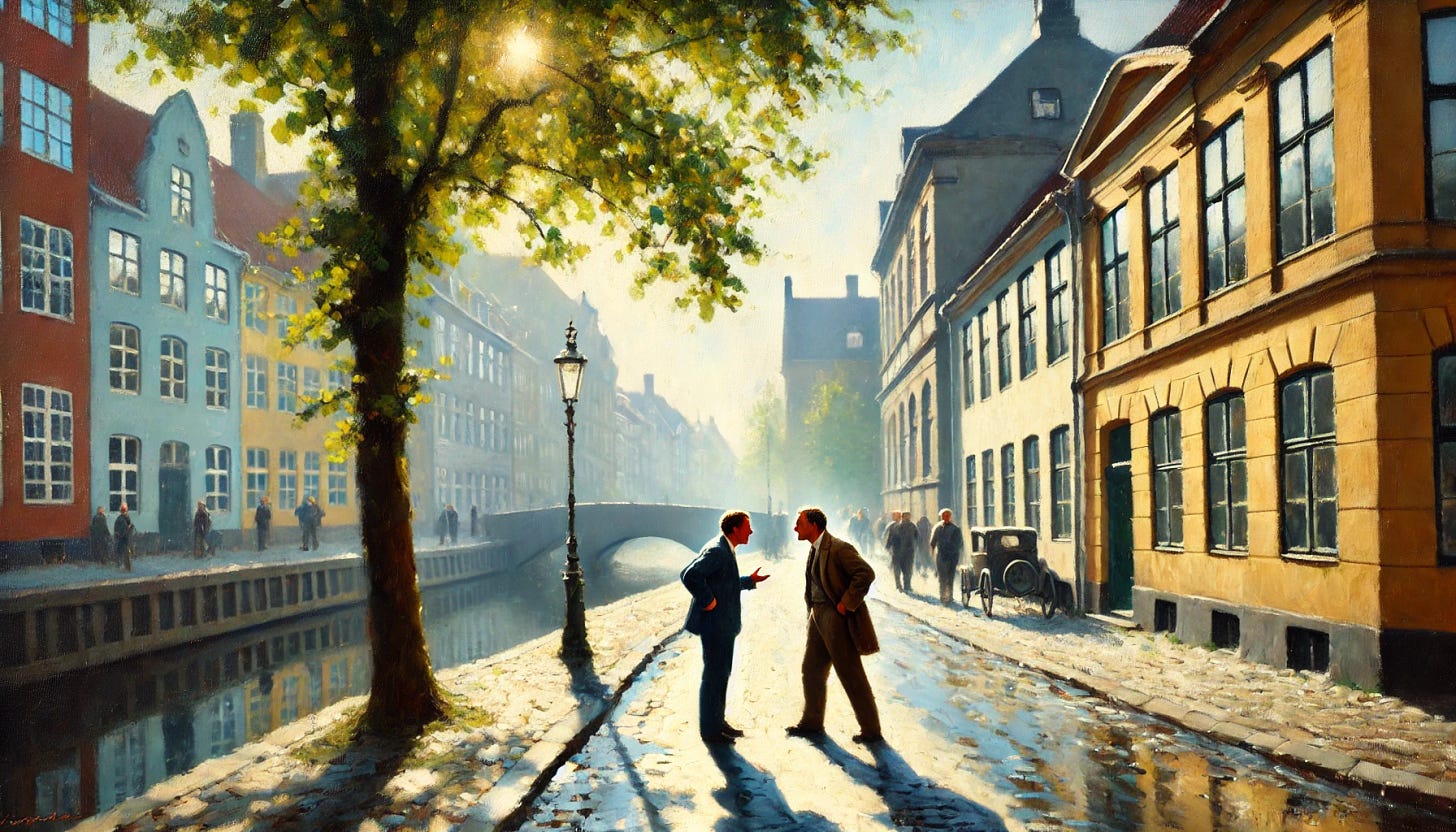 An impressionistic oil painting of two men arguing on a street, inspired by Fritz Syberg's style. The scene is bathed in soft, dappled light, creating a serene atmosphere despite the argument. The backdrop includes old European buildings and a canal, reflecting the quaint and historic charm of Copenhagen. The color palette is gentle and pastel-like, capturing the essence of a peaceful, sunny day, with sunlight filtering through trees and buildings, adding calmness to the tension between the two men as they argue in the picturesque setting.