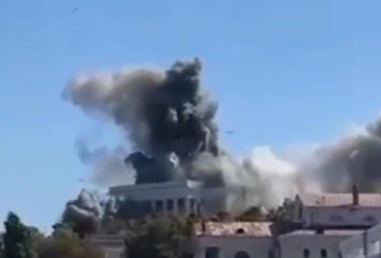 A screengrab from social media shows the aftermath of blasts in Sevastopol targeting the Russian Navy headquarters Crimea on September 23, 2023. Ukraine has claimed that nine people were killed and that among the injured were two Russian generals.