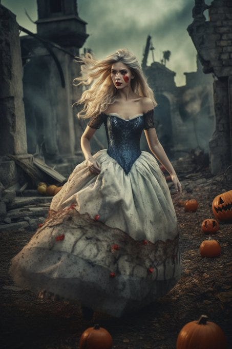 Zombie Cinderella fleeing from a crumbling, haunted castle with red eyes and striking blonde hair, wearing a tattered, bloodstained ball gown, chased by nightmarish, undead mice and a monstrous pumpkin carriage, hyperrealistic, 8k Ultra HD --v 5 --q 2 --s 1000 --ar 2:3