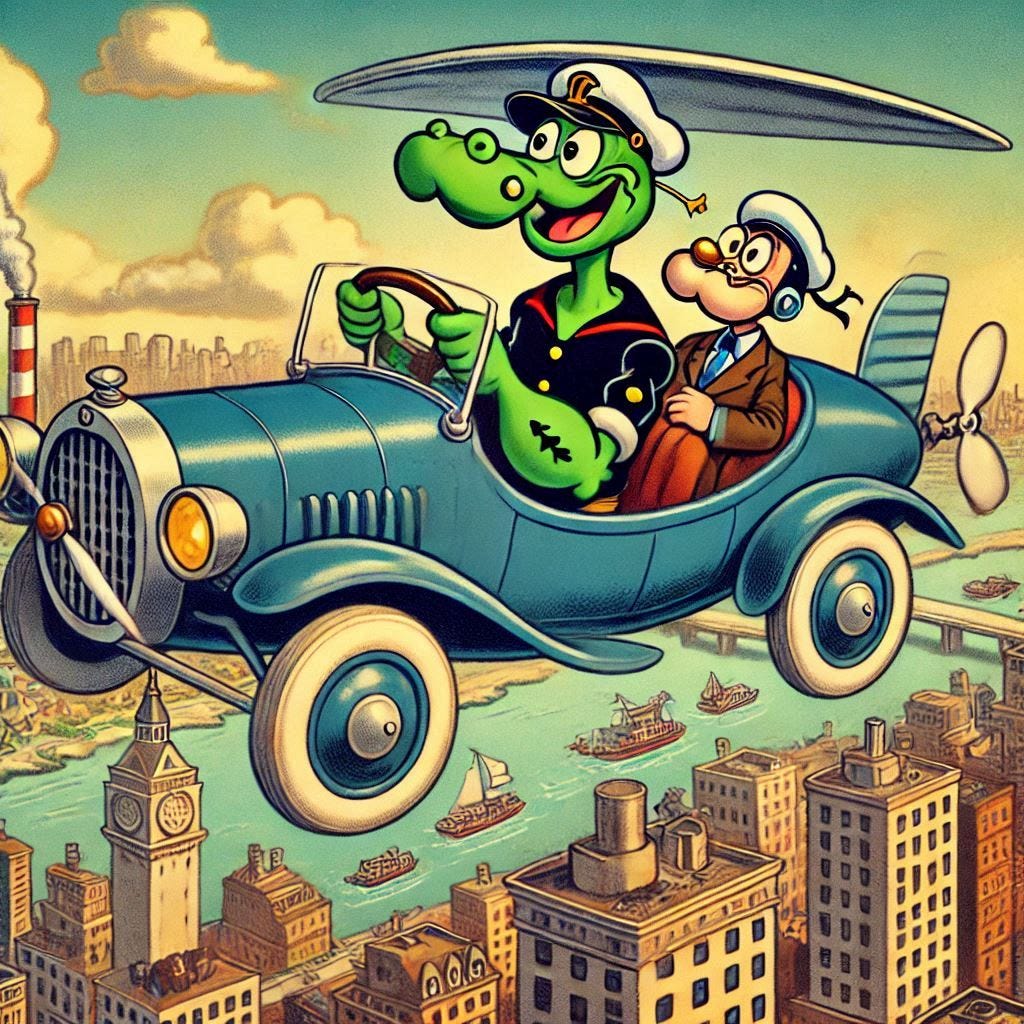 popeye passenger a flying taxi cab above city, humanoid alligator driver, 1930s cartoon style