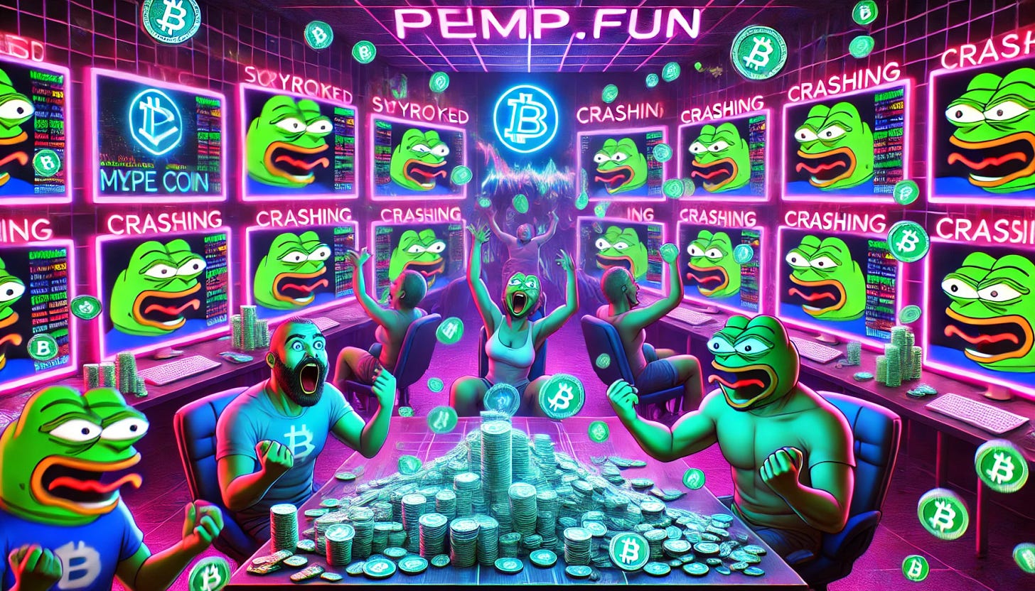 A neon-lit scene of excited cryptobros gambling on meme cryptocurrencies at Pump.fun. The atmosphere is chaotic yet energetic, with multiple screens displaying skyrocketing and crashing absurdly named meme coins. The players have exaggerated expressions of joy and despair, throwing digital coins in the air. The room is filled with pixelated avatars, crypto-themed posters, and stacks of digital currency. Pepe the Frog and other internet meme references subtly appear in the background.