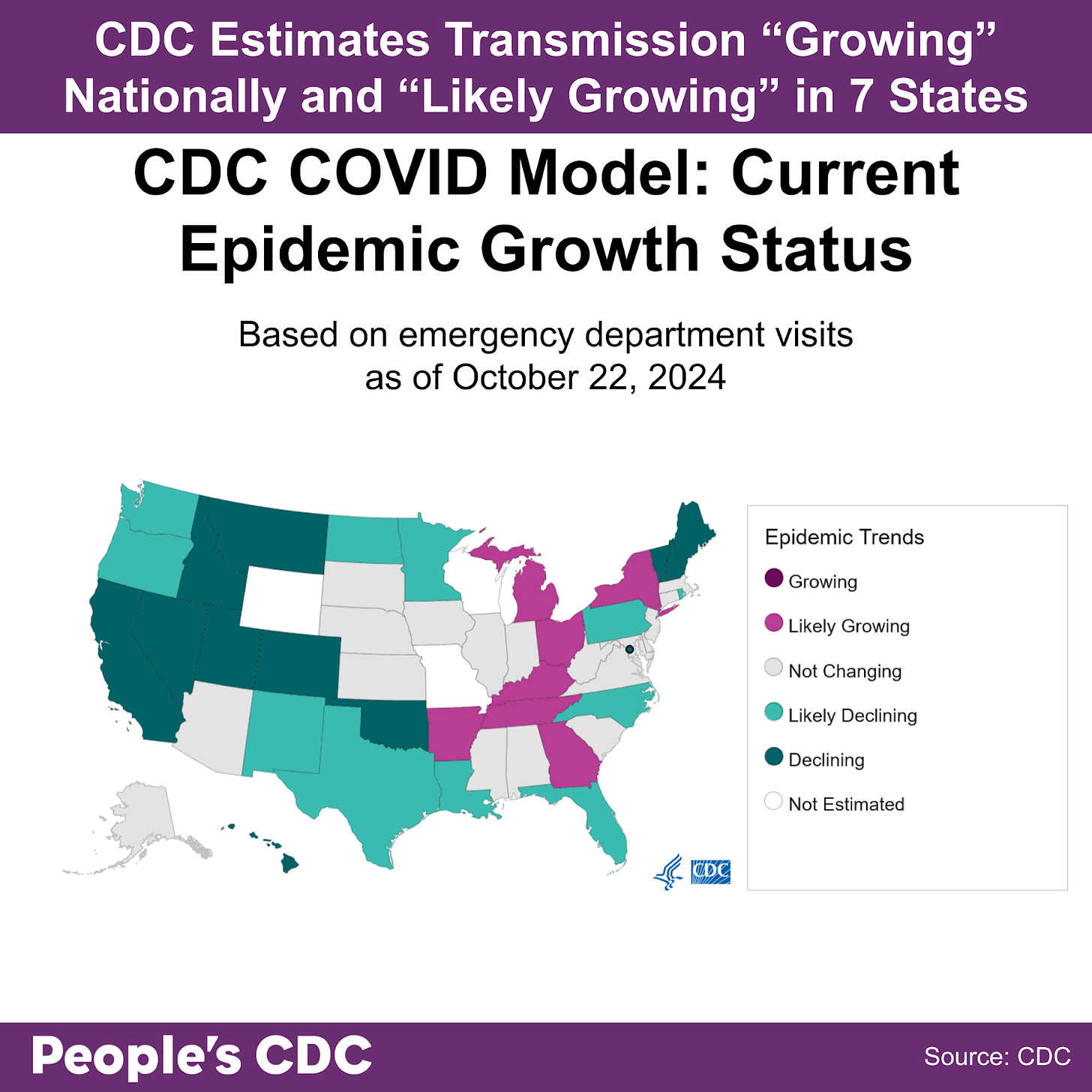 A map of the United States color-coded in shades of purple and gray displaying the CDC COVID Model: Current Epidemic Growth Status based on emergency department visits as of October 22, 2024, where purple tones indicate growing or likely growing, teal tones indicate declining or likely declining, and gray indicates “Not Changing.” States without predictions are represented in white, labeled “Not Estimated.” Text above the map reads “CDC Estimates Transmission is “Growing” Nationally and “Likely Growing” in 7 states.” 23 states and Washington DC are light to dark teal and have “Declining” or “Likely Declining” status. All other states are either “Not Changing” or “Not Estimated.” Text at the bottom reads “People’s CDC. Source: CDC.”