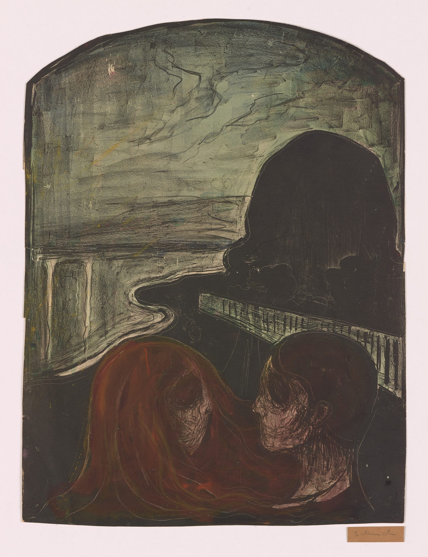 A darkly-coloured print of two figures, a woman with red hair and dark orb-like eyes, turned towards a man with short dark hair and dark-orb eyes. Up ahead of them is a long winding dark path surrounded by a grey shiny substance that looks like the sea. And in the distance, a large, dark, foreboding looking mountain looms.