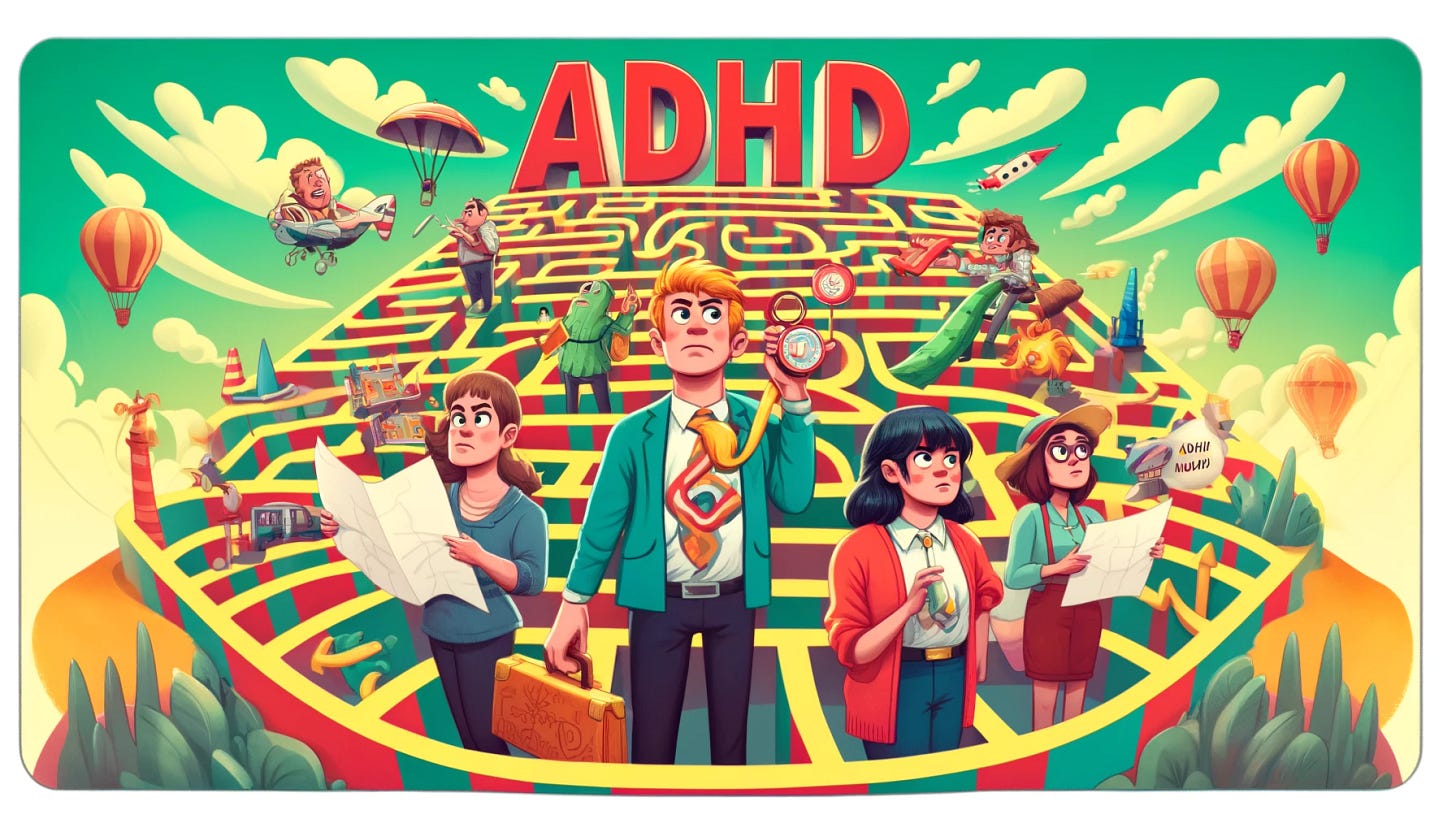 A fun and colorful rectangular illustration for an article about adults with ADHD. The image should depict a comedic scene of adults navigating a quirky and twisty maze, representing the ADHD mind. The adults, shown in a cartoonish and humorous style, are using oversized maps and quirky gadgets like binoculars to find their way through the maze. They appear diverse and are portrayed with expressions of confusion and determination. The maze and background are vibrant and lively, with the text 'ADHD' correctly spelled and prominently displayed.