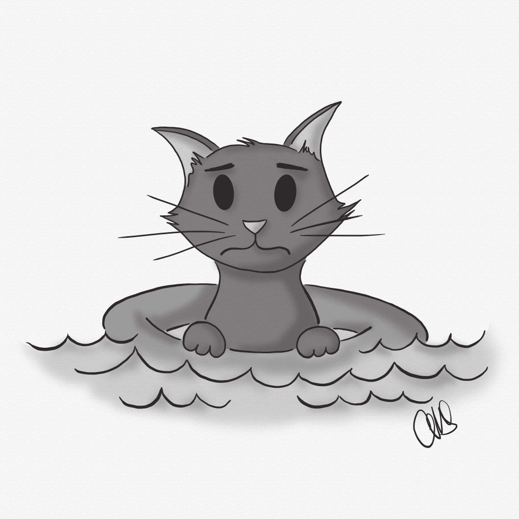 Digital illustration of a cat floating on the water in an innertube. The cat looks like they are not happy to be stuck floating in the water. The expression on their face says “get me outta here!"