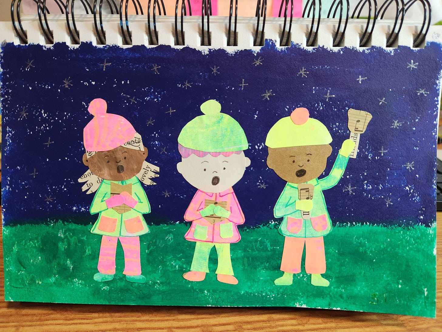 three children singing, with a starry night sky. One child is playing the bells.