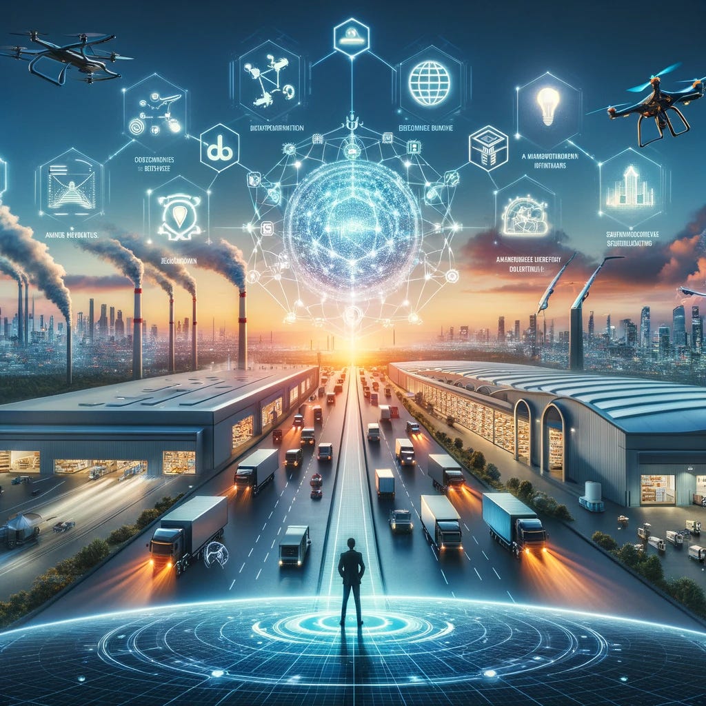 Create a futuristic image that illustrates the seven top technology predictions for the logistics chain in 2024. The image should creatively combine the following concepts: 1. Advanced AI and machine learning for predictive analytics and optimization. 2. Widespread use of IoT devices for real-time tracking and monitoring. 3. Integration of blockchain for secure and transparent transactions. 4. Drone and autonomous vehicle deliveries for faster and more efficient distribution. 5. Sustainable logistics practices, including electric vehicles and solar-powered facilities. 6. Enhanced data analytics through big data and cloud computing. 7. Augmented reality and virtual reality applications for training and simulation. The scene should depict a highly connected, efficient, and innovative logistics environment, showcasing how these technologies revolutionize the way goods are stored, managed, and delivered.