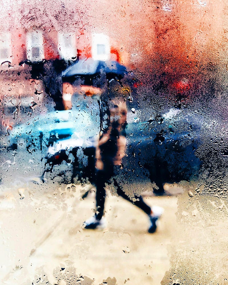 An artwork, with a person holding an umbrella in the rain