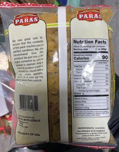 Paras Brand Premium Golden Raisins,   UPC codes 818051014811 and 8180510, Back label