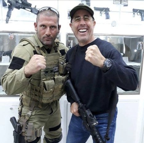 IMEU on X: "Here is Jerry Seinfeld holding a gun, posing with an Israeli  soldier in an illegal West Bank settlement. The academy: "They came to us  for shooting training with displays