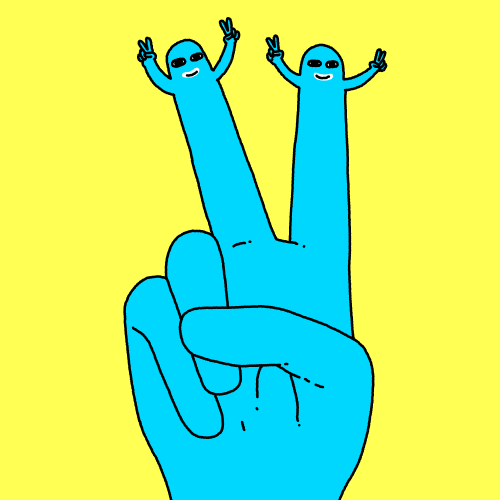 gif animado mostrando o desenho de uma mão azul com o indicador e o médio esticados, fazendo o sinal da paz. no topo dos dedos, tem figuras humanoides agitando seus bracinhos e fazendo o mesmo sinal. o fundo é amarelo berrante