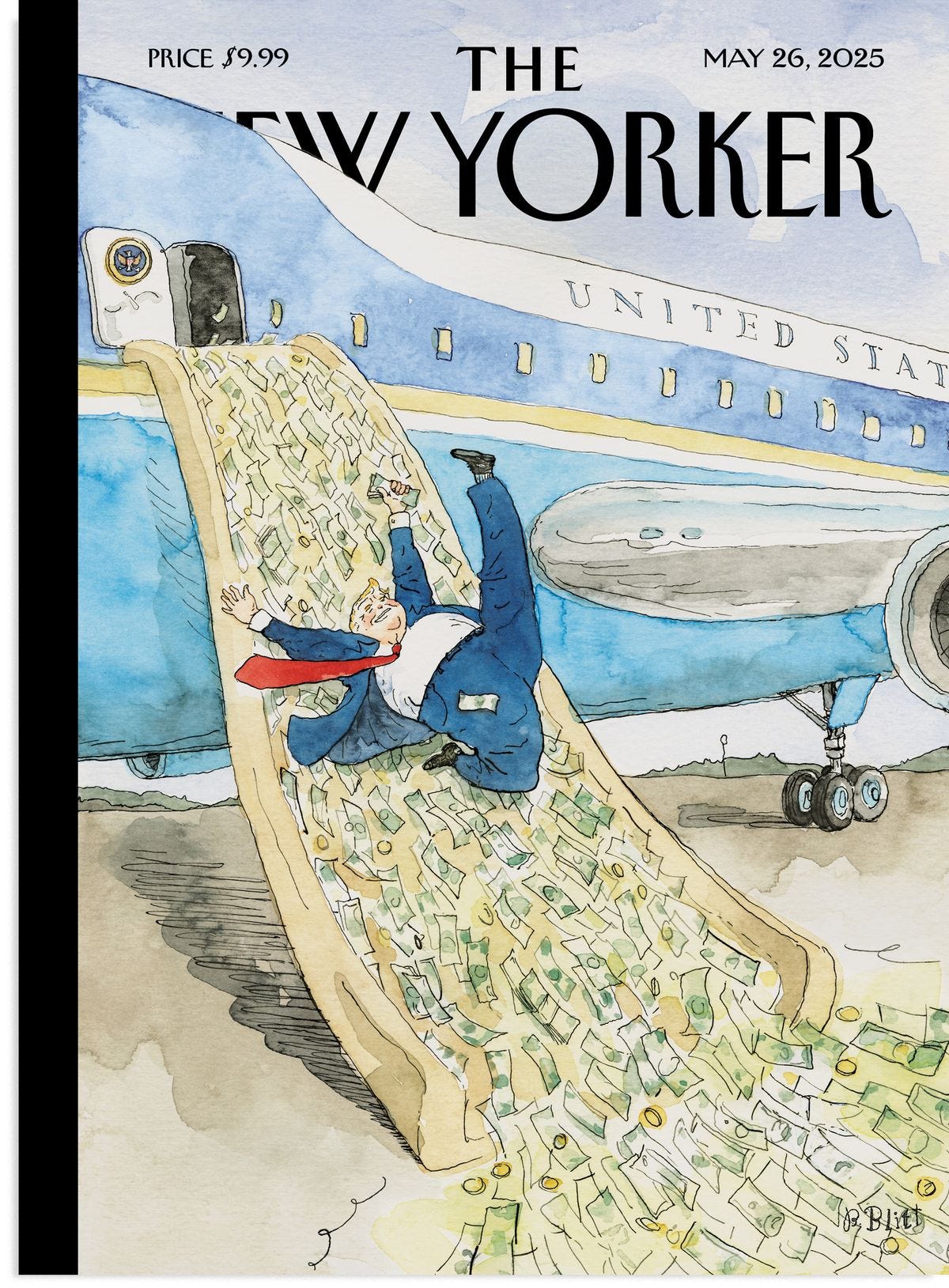 Donald Trump exits a plane by sliding down a pile of money.