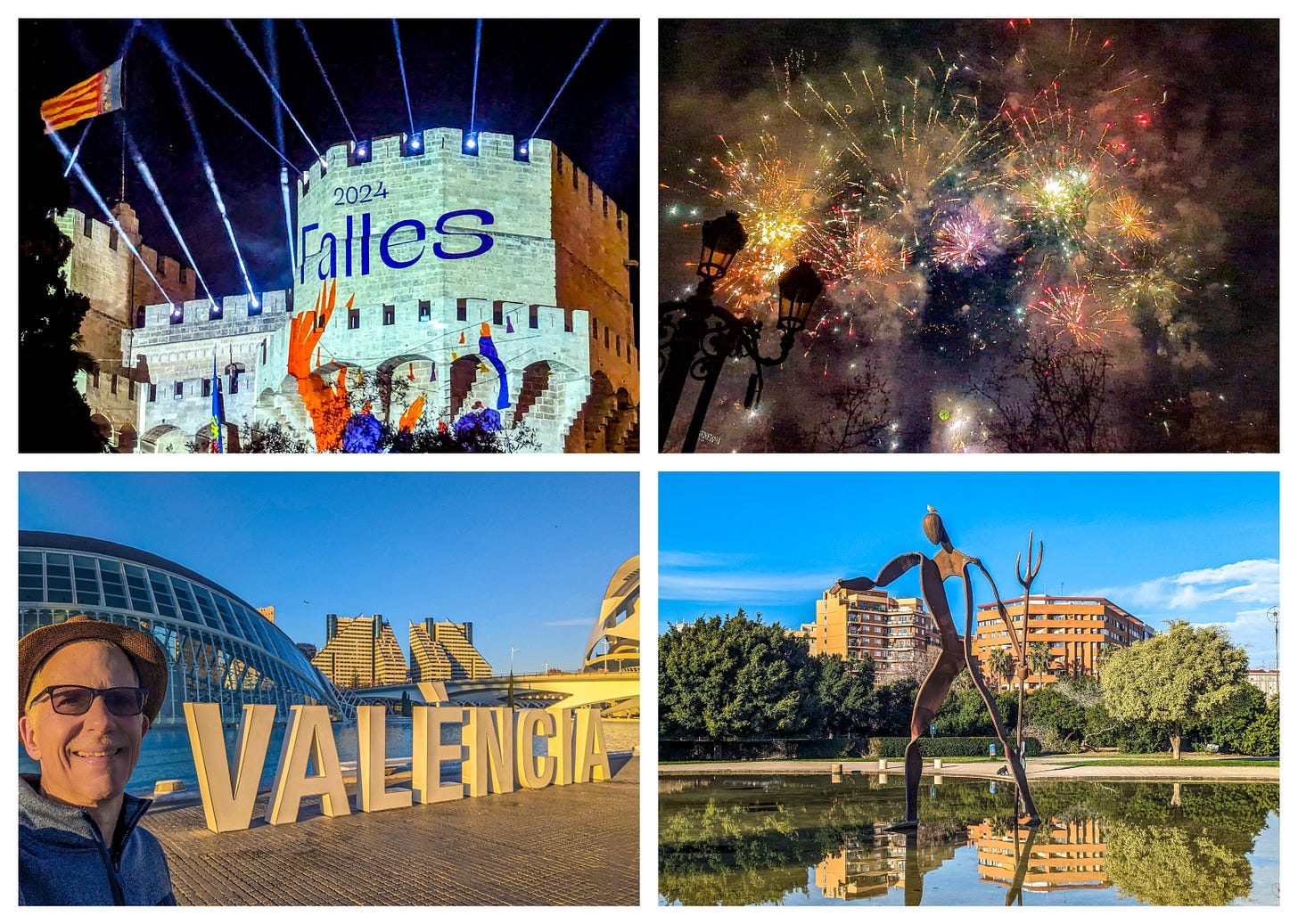 Collage showing a Medieval tower lit up with the word Falles, fireworks, Michael at the City of Arts and Sciences, and a sculpture in Turia Park. 