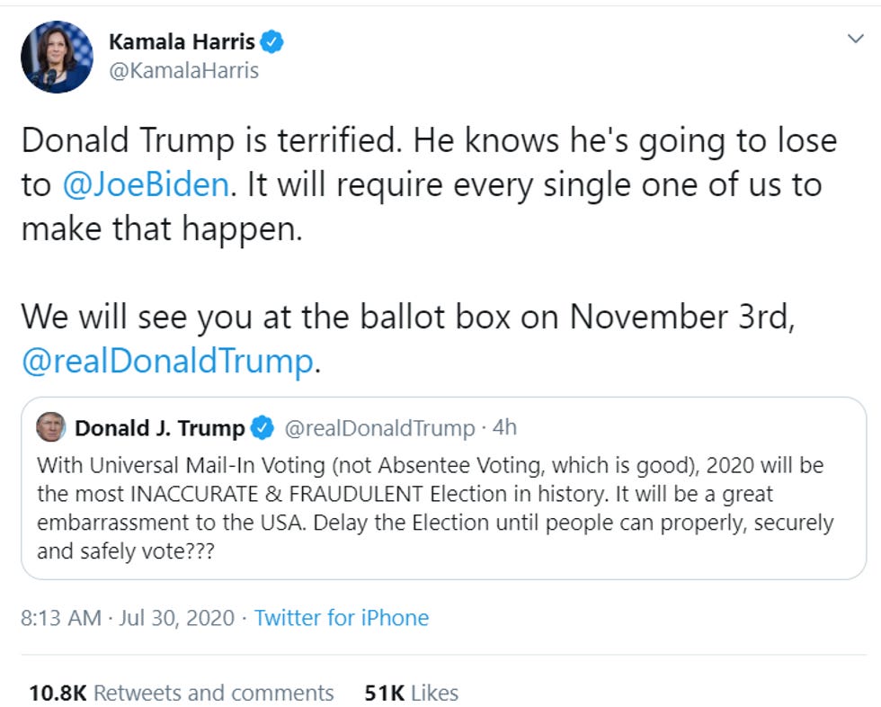 Harris tweet: "Donald Trump is terrified. He knows he's going to lose to @JoeBiden. It will require every single one of us to make that happen. We will see you at the ballot box on November 3rd, @realDonaldTrump."