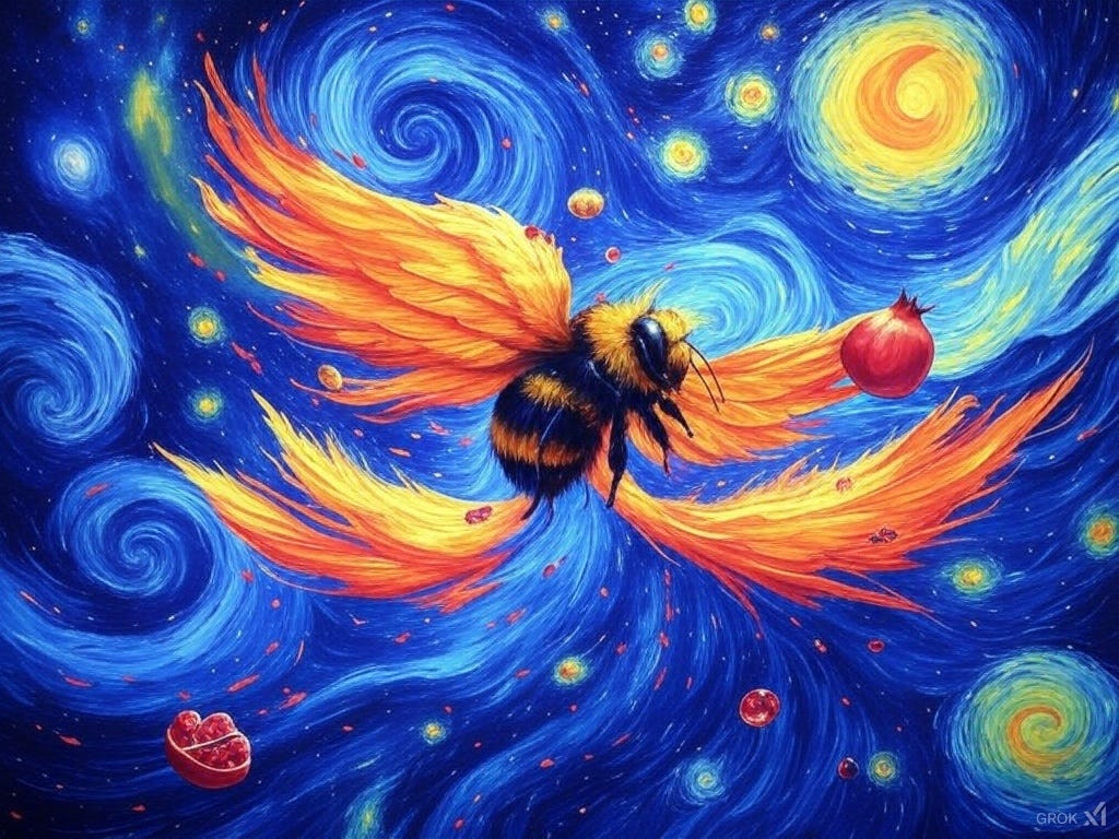 Vibrant digital artwork, a bee with flaming wings soars in a Vincent van Gogh style Starry Night sky swirling with yellows and blues, small pomegranate and scattered seeds symbolize the Big Bang filling the empty 'void'. Signed Grok XI.