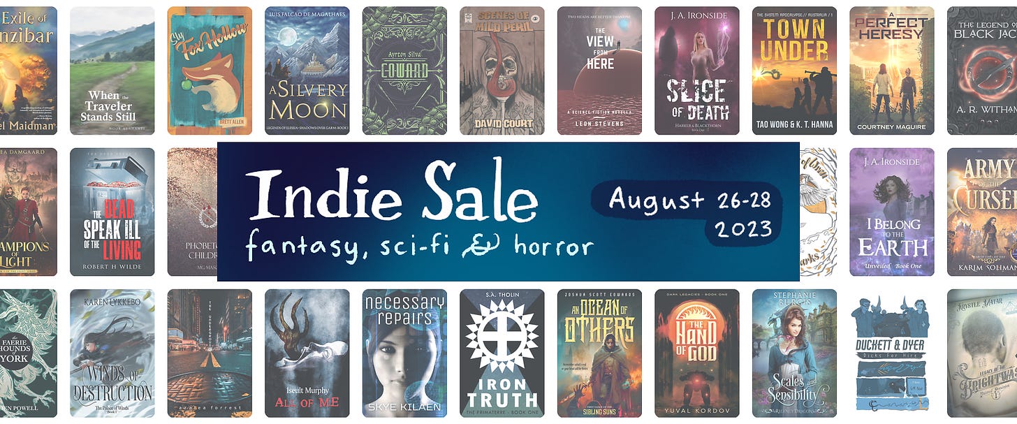 Indie sale August 26-28. Fantasy, sci-fi & horror. The background showcases various bookcovers.