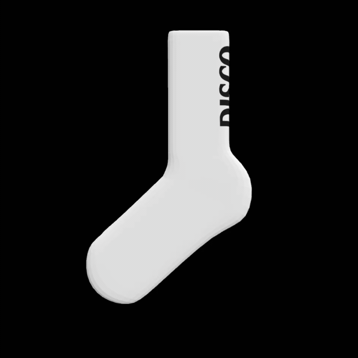Spinning 3D image of white socks with the word Disco on the heel