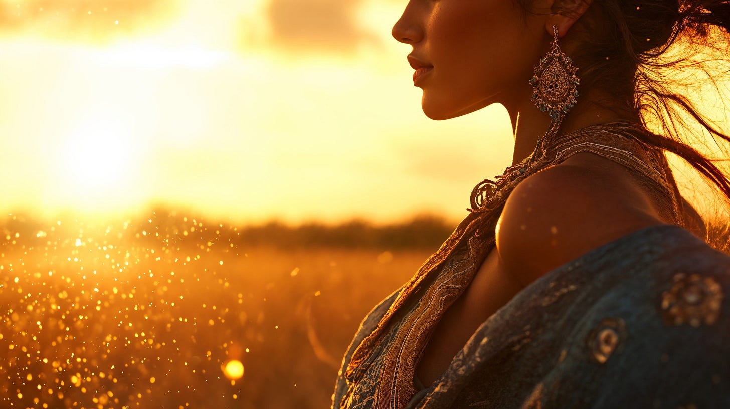 Prompt: A cinematic overhead shot of a woman’s bare shoulders in a golden hour field, dusting her collarbone with a luminous powder that catches every ray of light.