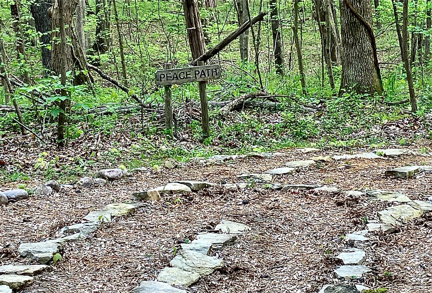 Part of a labyrinth with mulch paths and flat stones. There's a wooden sign with the words Peace Path and woods behind it.