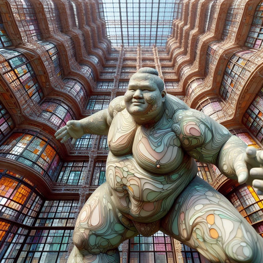 inside glass structure; tiltshift/ 5d angle glass embedded Altgeld hall building/ Broken into fragments/ pieces/ real Sumo Wrestler with hyperrealistic skin/ leaning into camera/smiling and dancing in front of Altgeld hall in olive,ivory, chartrues, lace made of black water in resin/ He is full of love. coral orange, pink, cream, olive address/ reverberating waves. black hole/ water in resin verdigris/ In the style of Michael Parkes. black etching/ black linework/ black sky