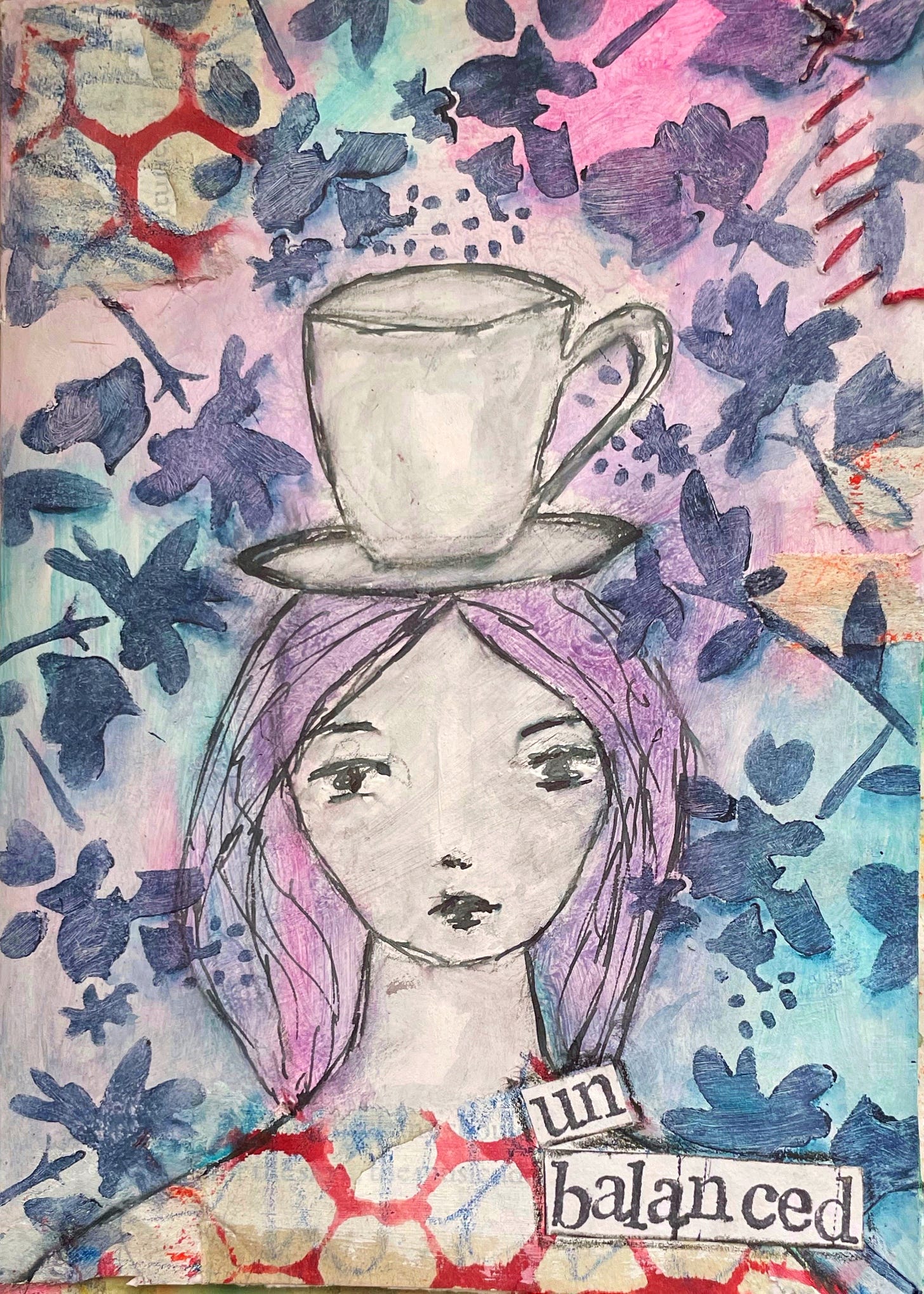 Mixed media painting of a woman with a teacup balanced on her head. Text reads ub-balanced