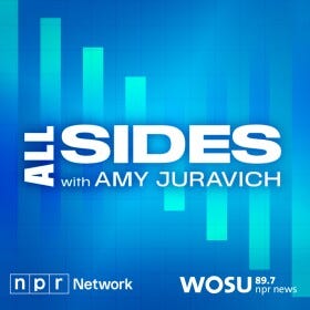 Logo for 'All Sides with Amy Juravich' featuring a blue background with vertical gradient bars, the NPR Network logo, and the WOSU 89.7 NPR News logo.