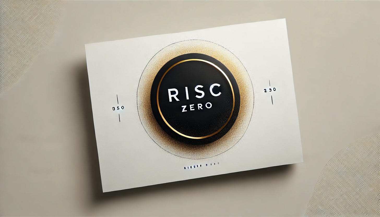 A minimalist horizontal banner for 'RISC Zero', featuring a sleek black circular design at the center with gold dust-like accents forming a subtle gradient around the circle. The background is clean and neutral, enhancing the central logo and visual clarity. Text 'RISC ZERO' is elegantly positioned within the circle in bold, modern typography.