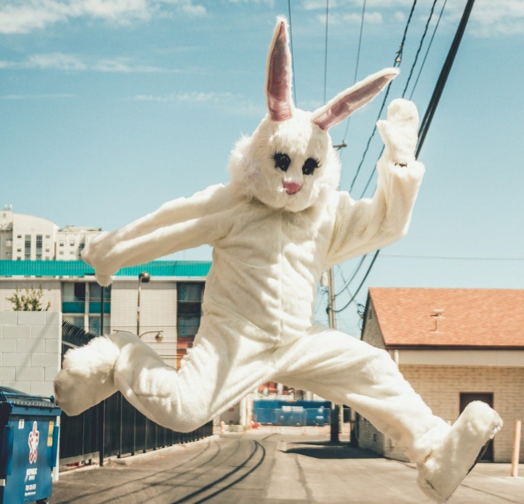 man in bunny costume in mid air in time lapse photography man in bunny costume in mid air in time lapse photography