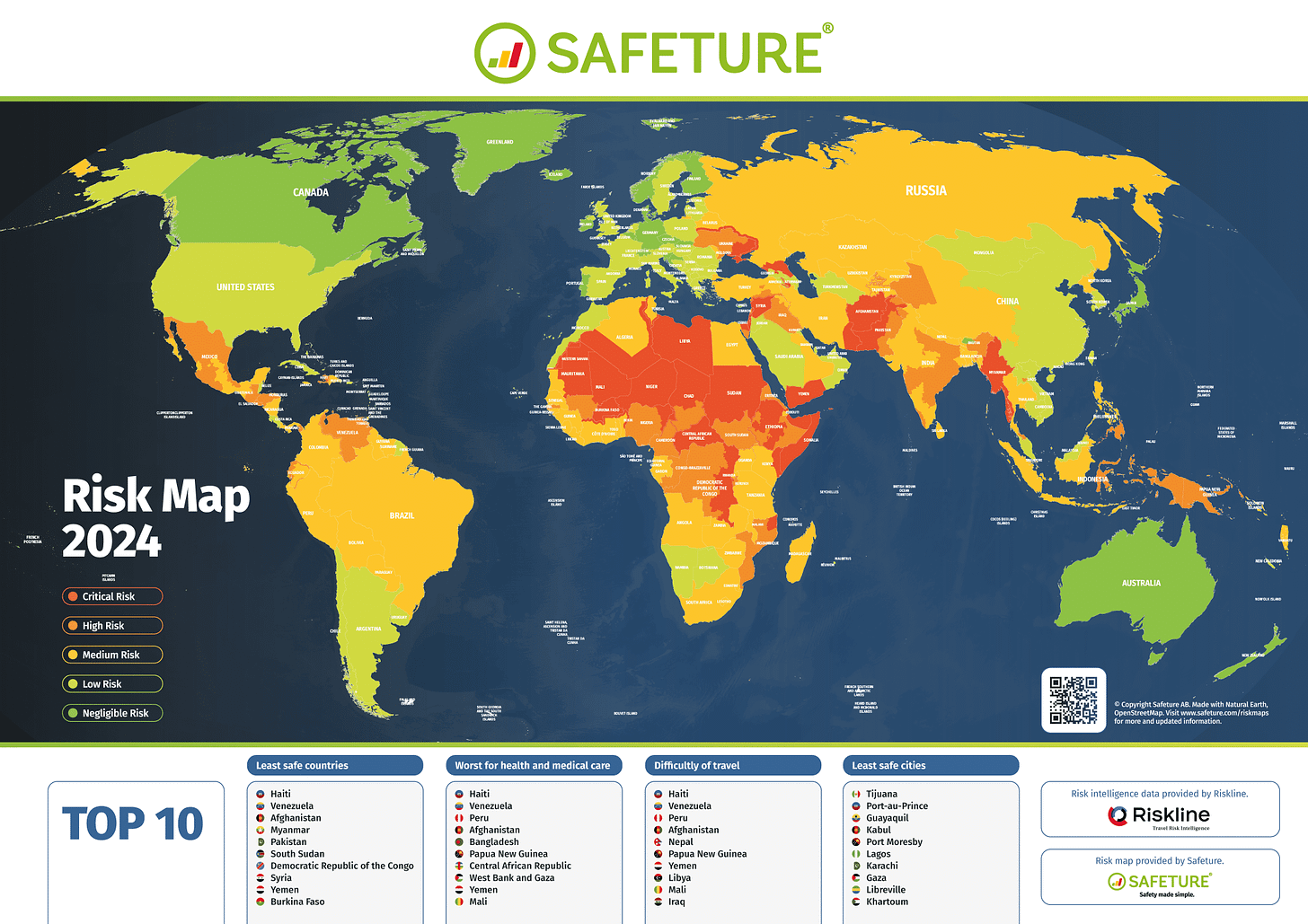 Travel risk map by country (from Safeture).